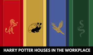 cover image that says "harry potter houses in the workplace"
